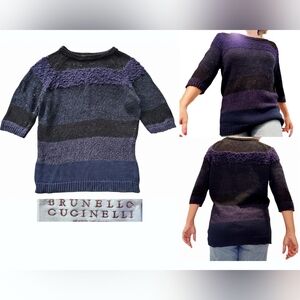 Brunello Cucinelli Dazzling Sequin‎ Women Sweater Blue Stripe Large Sheer Luxury